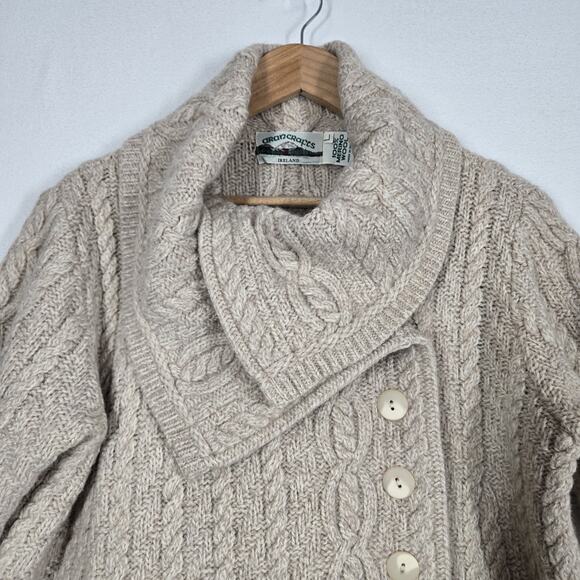 Aran Crafts 100% Merino Wool Cable Knit Cardigan L Beige Oatmeal Shawl Collar - Picture 4 of 16